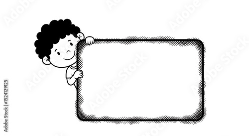 Happy boy looking from behind a blank frame. Kid holding an empty copy space board. Black and white illustration for education or announcement