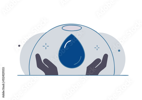 Illustration of two hands holding a blue water droplet under a protective dome, symbolizing care for water resources.