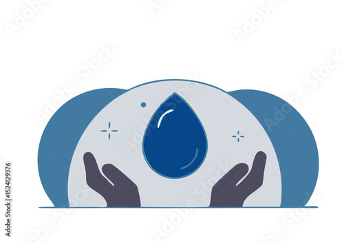 Two dark hands gently cradle a blue water droplet, surrounded by a soft blue background, symbolizing care and conservation of water.