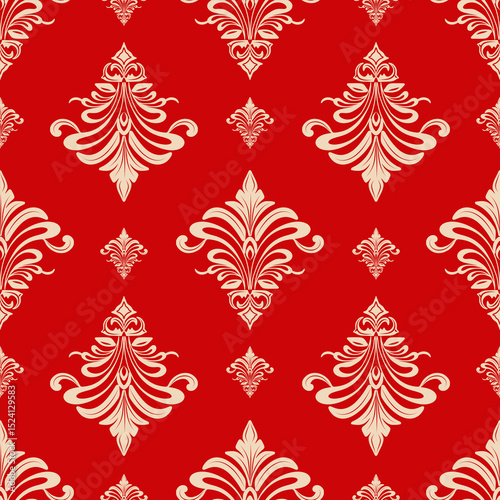 Damask seamless pattern with gold ornament and red background, vintage and luxury design, vector illustration elegant for textile, wall paper, curtains, rug, cushion cover, bedding, upholstery fabric
