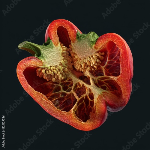 Vibrant Red Bell Pepper Cross Section Displaying Intricate Seed Structure and Freshness on Dark Background
