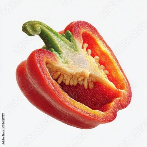 Bright Red Bell Pepper Half on White Background with Visible Seeds and Textures in High Detail and Clarity for Culinary Use