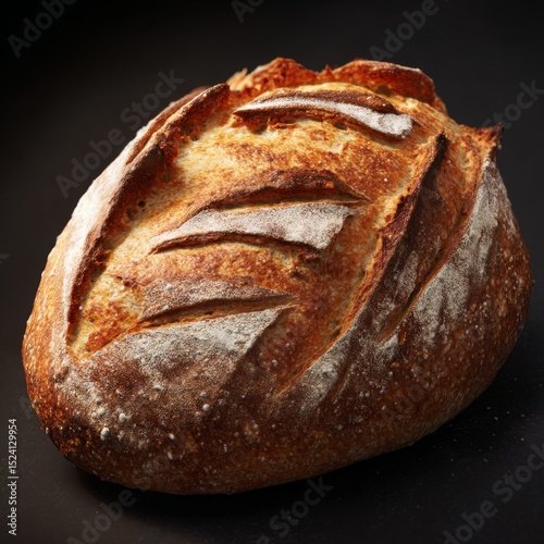 Freshly Baked Artisan Bread Loaf with Crispy Crust and Golden Upper Surface Against Dark Background