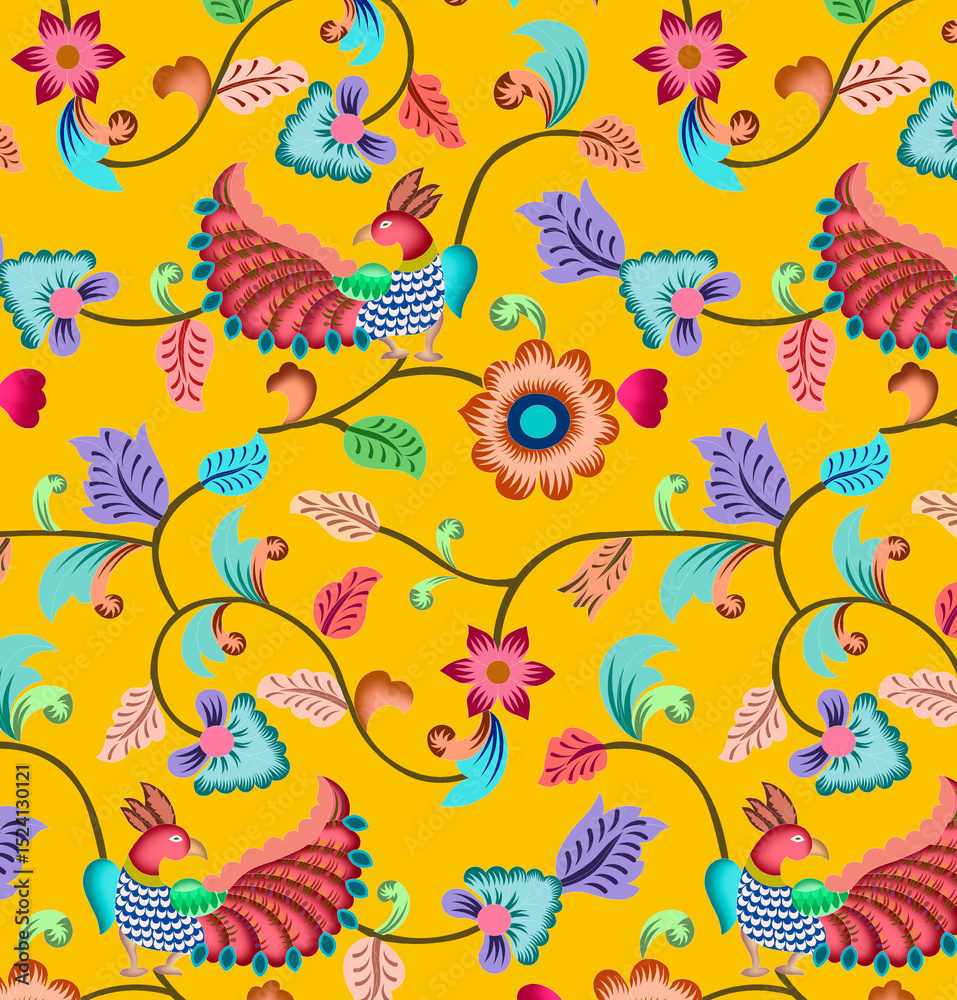 Obraz premium Multi Colour full Floral And Peacock handmade watercolour pattern design