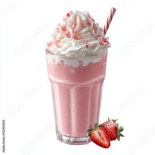 Delicate Pink Strawberry Milkshake with Whipped Cream and Strawberries in a Glass with a Straw