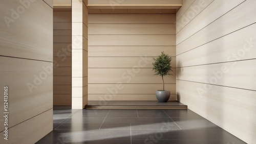 Minimalist Interior Design Modern Hallway with Wooden Walls and Olive Tree
