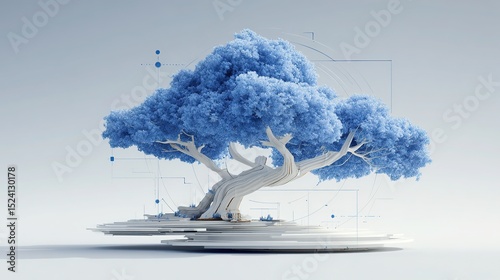 Minimalist 3D wireframe tree with plastic pollution data nodes, futuristic UI style, pure white background, tech environmentalism, digital illustration for designers, eco-awareness technology concept,