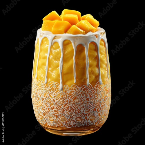 Refreshing Mango Smoothie In Colorful Glass Garnished With Fresh Mango Cubes And Creamy Topping For Summer Delight