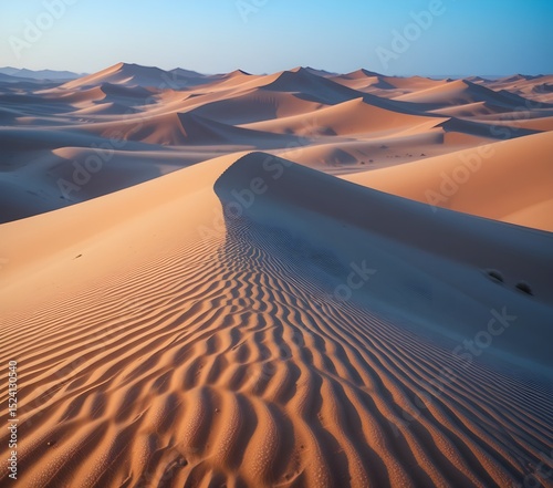 Sahara dunes display natural pleating akin to steam-ironed silk. Foreground focuses on wind-blown sand grains, midground captures undulating crest lines, background dissolves into mirage-like heat wav