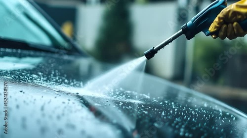 A detailed shot of a worker’s hands on a power washer trigger, spraying water against an outdoor vehicle, with beads of water running down its surface