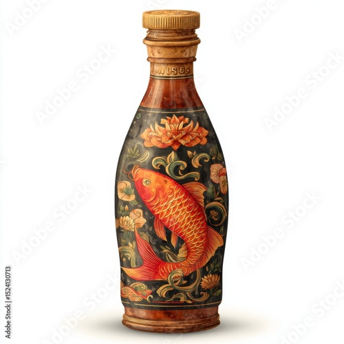 Artistic ceramic bottle featuring vibrant koi fish design surrounded by floral elements and intricate detailing