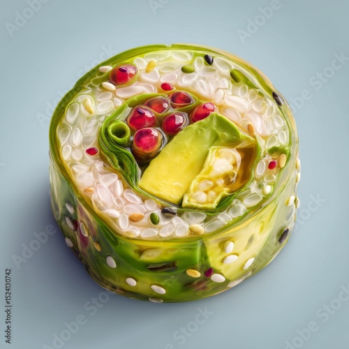 Colorful and Creative Sushi Roll with Fresh Ingredients and Unique Presentation on Light Background