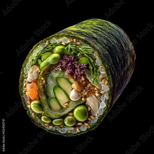 Vibrant and Artistic Vegetable Sushi Roll with Fresh Ingredients Displayed on Black Background