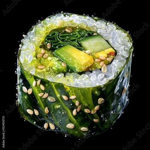 Colorful sushi roll with fresh ingredients and bright presentation on a dark background for culinary photography