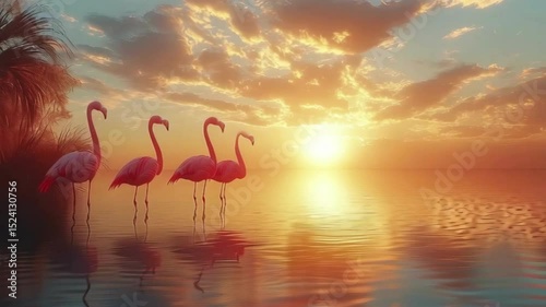 A group of flamingos standing in a shallow lake during sunrise, their pink feathers contrasting with the blue water and golden sky; detailed reflections in the calm water