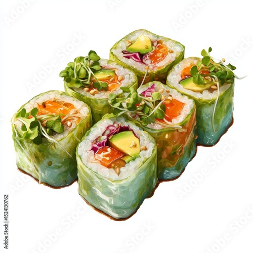 Fresh and Colorful Vegan Sushi Rolls Arranged on a Clean Surface with Avocado, Carrots, and Microgreens