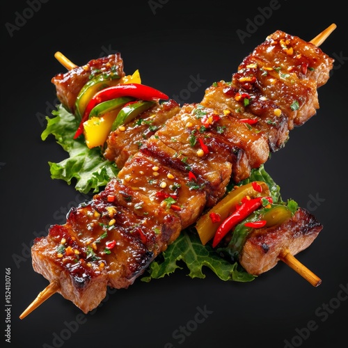 Delicious Grilled Meat Skewers with Colorful Vegetables on Fresh Green Leaves