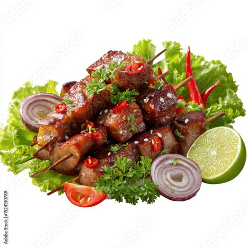 Delicious Grilled Meat Skewers with Fresh Vegetables and Herbs on a Bed of Lettuce Garnished with Lime and Chili