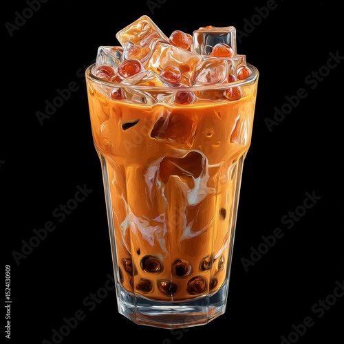 Refreshing Bubble Tea Drink with Ice and Defined Pearls Against Black Background