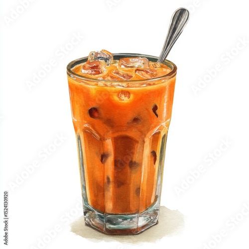 Refreshing Sweet Iced Beverage with Ice Cubes Served in a Tall Glass with a Spoon for Summer Enjoyment