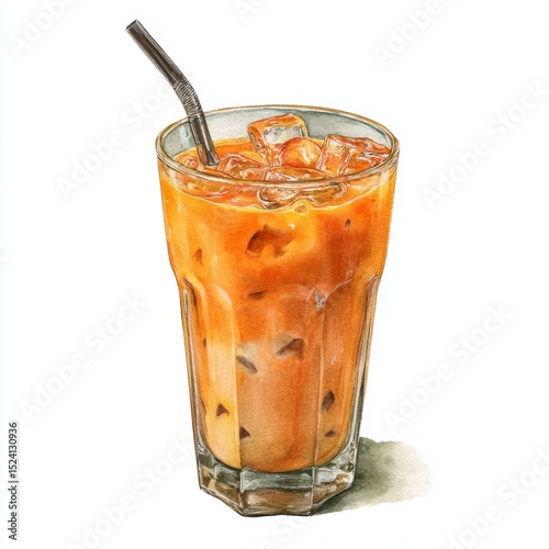 Refreshing iced beverage with ice cubes in a clear glass, featuring a metal straw and vibrant orange hues