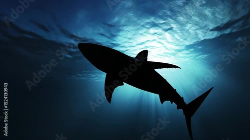 A shark is swimming in the ocean. The water is dark blue and the sun is shining on the water