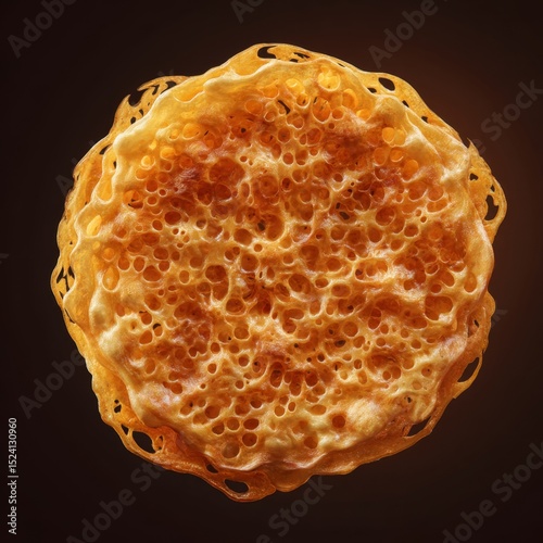 Detailed Close-Up of Golden Brown Crispy Snack with Unique Holes and Texture Against Dark Background