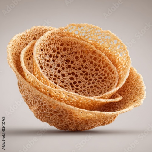 Intricate Layered Texture of Edible Crust, Organic Shape, Natural Patterns, Culinary Art, Light Brown Porous Delicacy