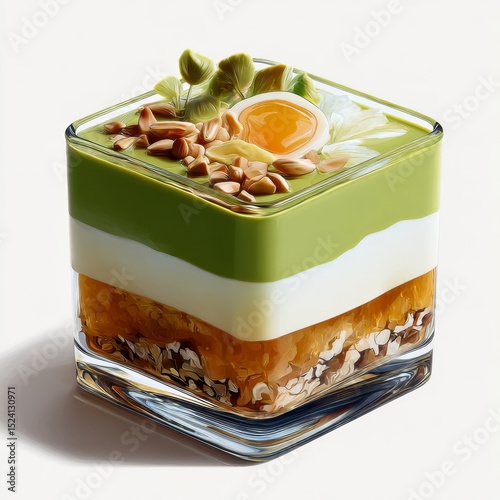 Fresh Layered Dessert with Green Avocado Mousse, Creamy Yogurt, and Crunchy Oats in a Clear Glass Cup