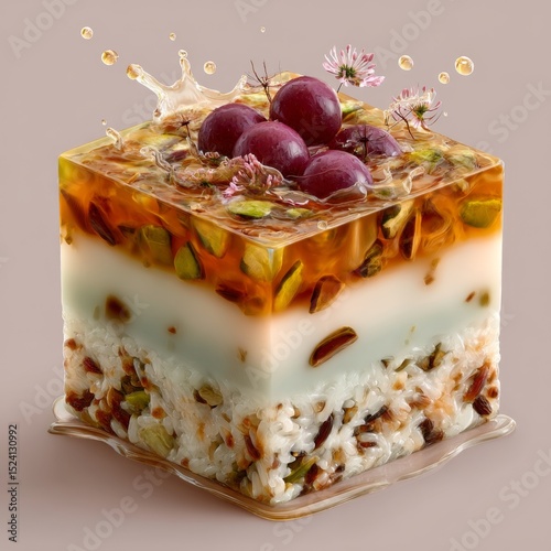 Colorful Jelly Dessert with Fruits and Nuts on Light Background for Culinary and Food Photography
