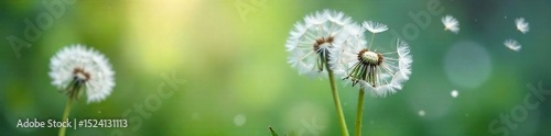 Delicate, feathery white dandelion seeds float on a gentle breeze, creating a dreamy ethereal scene Perfect for nature, spring, or whimsical themes , wind, bloom
