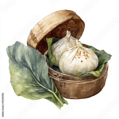 Delicious steamed buns in a bamboo basket with fresh green leaves, showcasing traditional Asian cuisine and culinary art