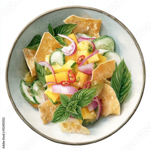 Fresh and Colorful Salad with Mango, Cucumber, Red Onion, and Mint in an Artistic Bowl Presentation