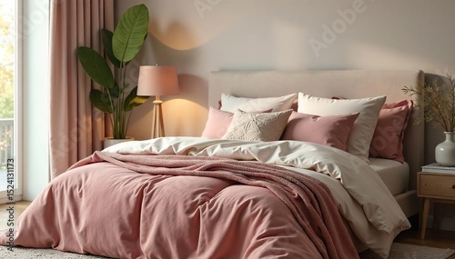 Luxurious bedroom scene featuring a plush bedspread and coordinating cushions, perfect for a relaxing atmosphere Soft textures and calming colors create a tranquil space , peaceful, serene, style
