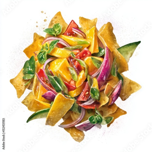 Colorful and Fresh Salad with Tortilla Chips, Vegetables, and Cheese on a White Background for Culinary Inspiration