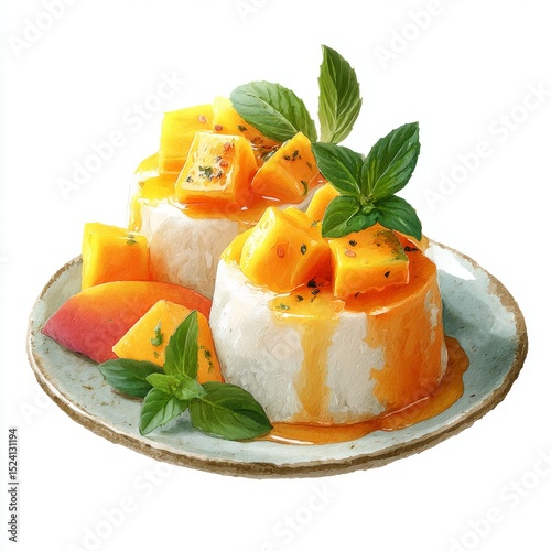 Freshly Made Dessert with Creamy Base and Tropical Mango Topping Garnished with Mint Leaves on a Rustic Plate