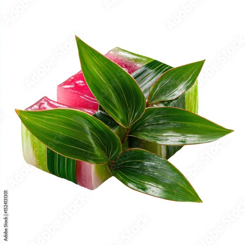 Vibrant Colorful Soap with Natural Green Leaves on White Background for Spa and Relaxation Themes