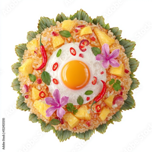 Colorful and Vibrant Plate of Fried Rice Topped with Egg, Pineapple, and Edible Flowers on White Background