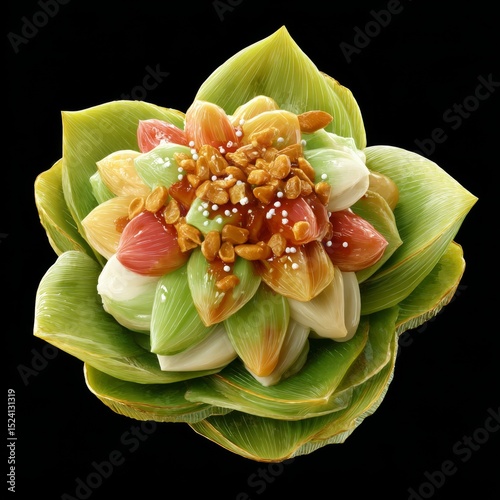 Colorful Artistic Platter of Fruit and Nut Arrangement in Flower Shape on Black Background for Culinary Inspiration