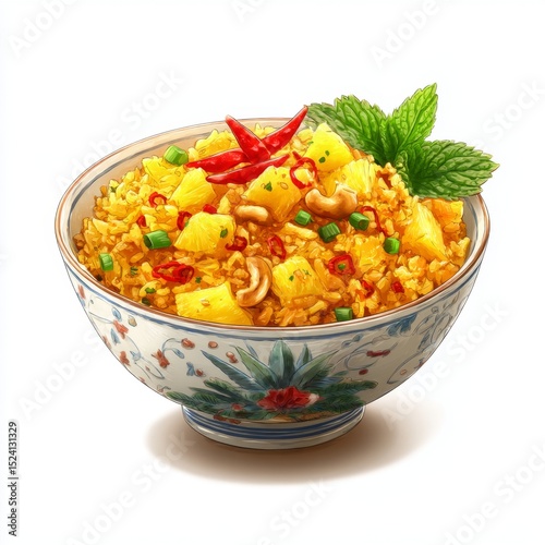 Vibrant Pineapple Fried Rice in Decorative Bowl with Fresh Herbs and Chili Peppers Enhancing Flavor and Presentation