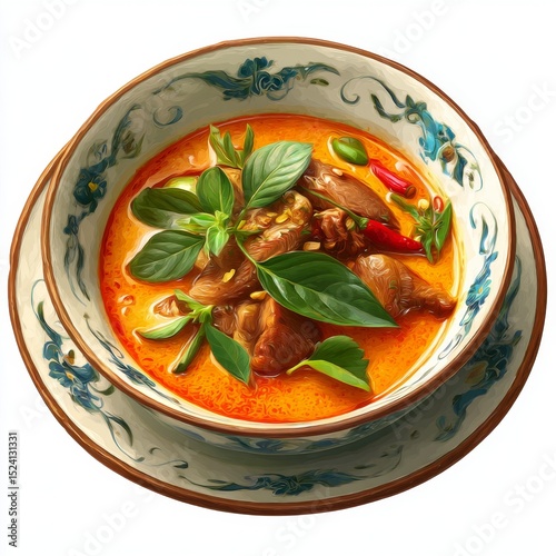 Aromatic Thai Curry with Fresh Herbs, Tender Meat, and Vibrant Red Broth in Traditional Bowl