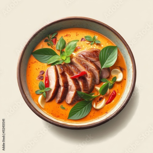 Delicious bowl of vibrant Thai soup with tender chicken slices, fresh herbs, and colorful vegetables in a rustic setting