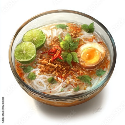 Vibrant Bowl of Noodle Soup with Fresh Ingredients, Spicy Flavors, and Colorful Garnishments for Culinary Delight