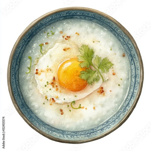 Creamy rice porridge topped with a sunny side up egg and fresh herbs in an elegant blue enamel bowl