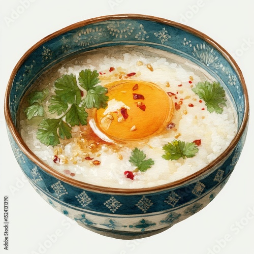 Creamy rice bowl topped with fresh egg yolk, herbs, and spices, perfect for breakfast or brunch, inviting and comforting dish