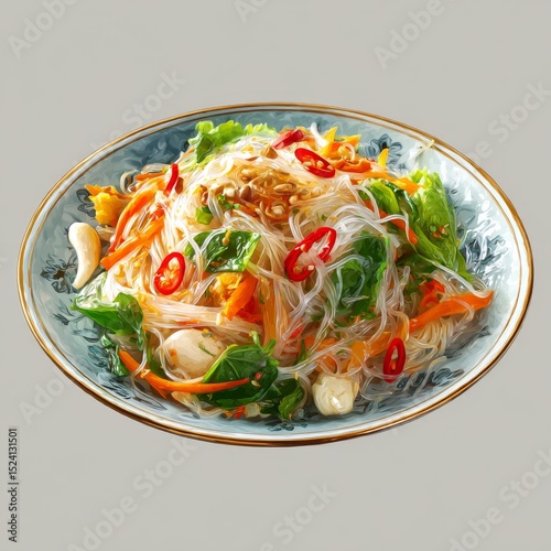 Vibrant Glass Noodle Salad with Fresh Vegetables, Spicy Chilies, and Nutty Toppings on Decorative Plate