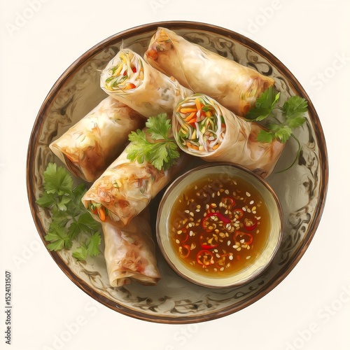 Fresh Spring Rolls with Colorful Vegetables and Tasty Dipping Sauce on Decorative Plate