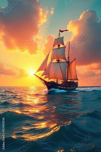 Sun-kissed sails billowing in the gentle breeze, a majestic ship glides across turquoise waters under a vibrant sunset Perfect for travel, adventure, and nautical themes , wood, coast