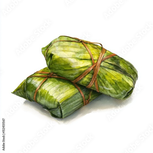 Traditional wrapped rice cakes with green leaves tied with string on a clean white background showcasing Asian culinary culture
