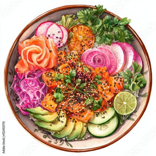 Fresh and Colorful Salmon Poke Bowl with Veggies and Citrus Toppings for Healthy Dining Experience